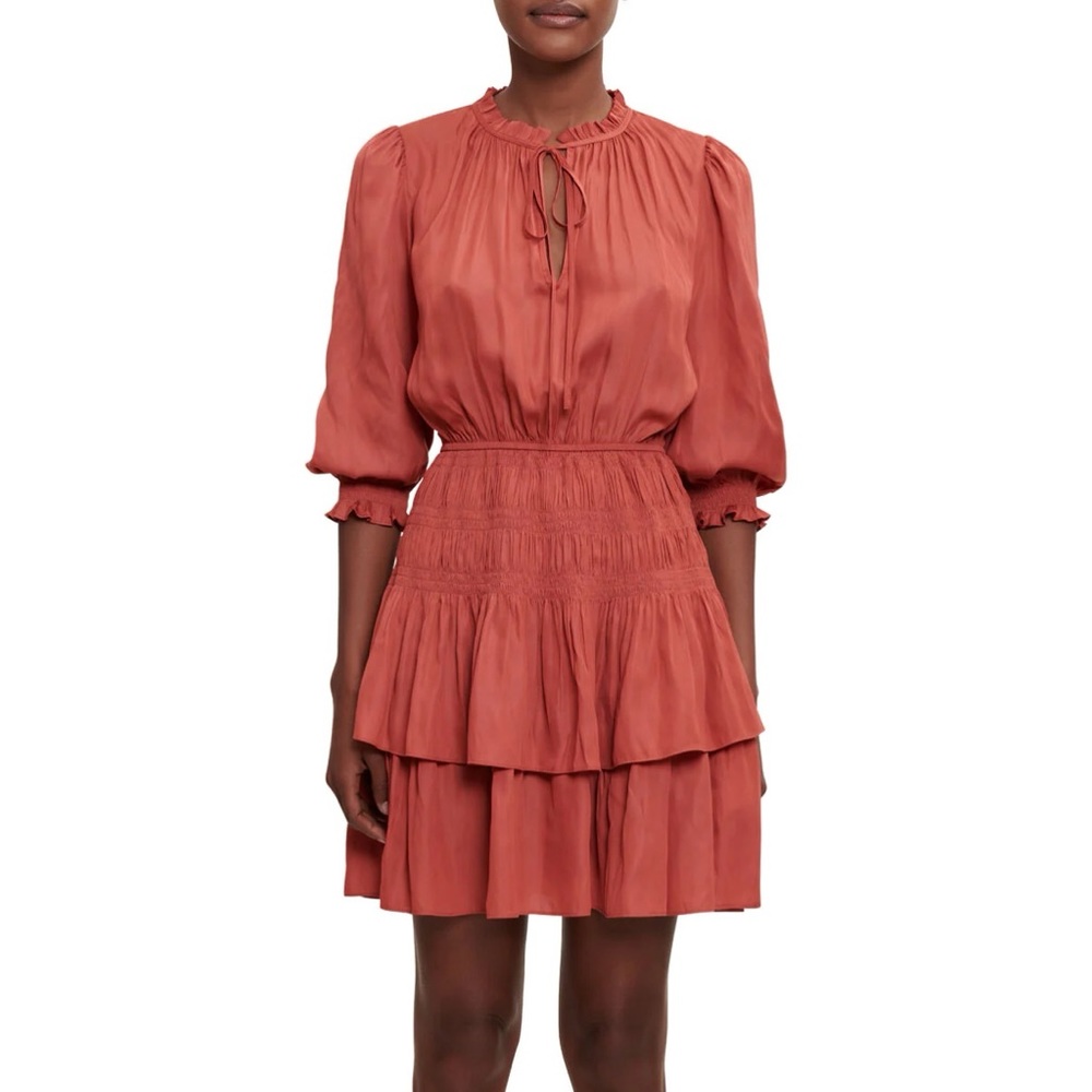 MAJE Radji Satin Ruffle Dress In Terracotta 36